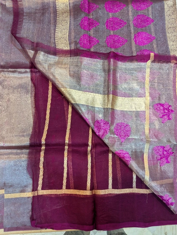 Pure Handloom Tissue With Resham Weaving  - Pink Flamingo