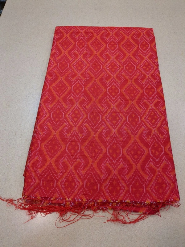 Pure Handloom Ikkat Raw Silk Fabric  Meter Ways - 1 Meter, Red Orange