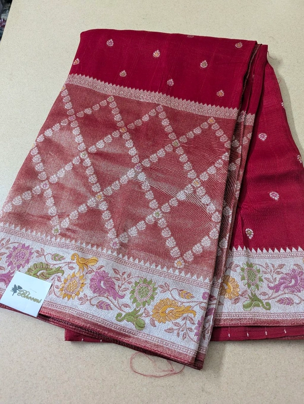 Pure Designer Manipuri Tusser Tissue  - red