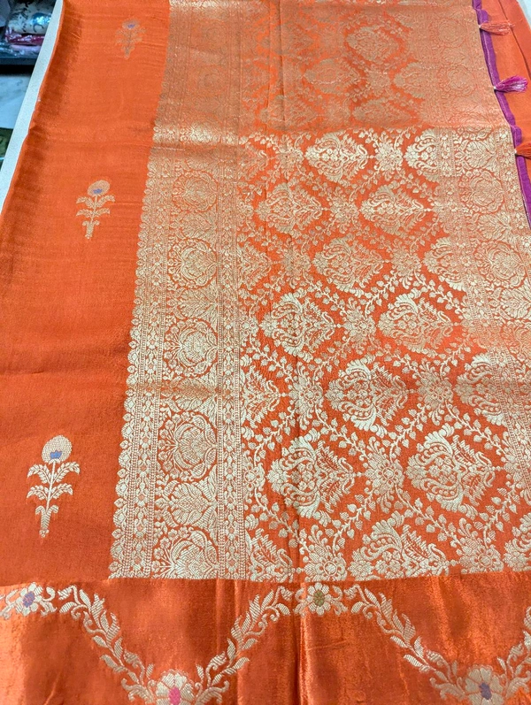 Pure Dola With Mushru Border  - Orange