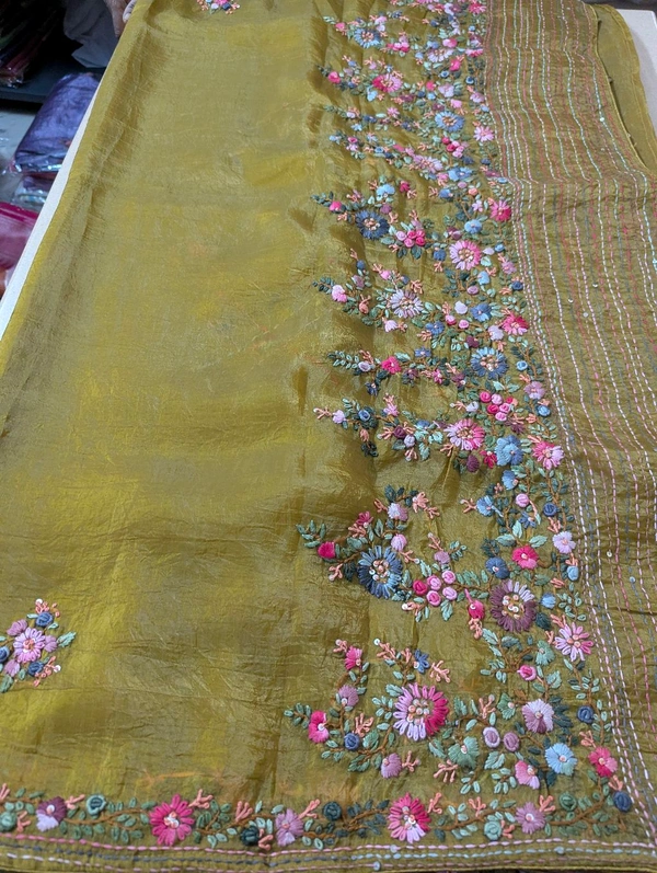 Pure Soft Crush With Handwork  - Olive