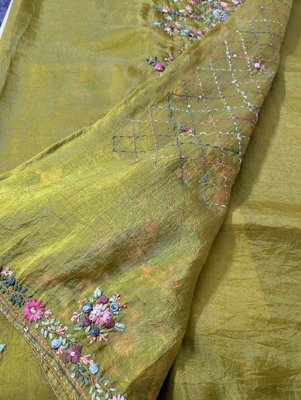 Pure Soft Crush With Handwork  - Olive