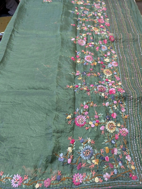 Pure Soft Crush With Handwork  - green