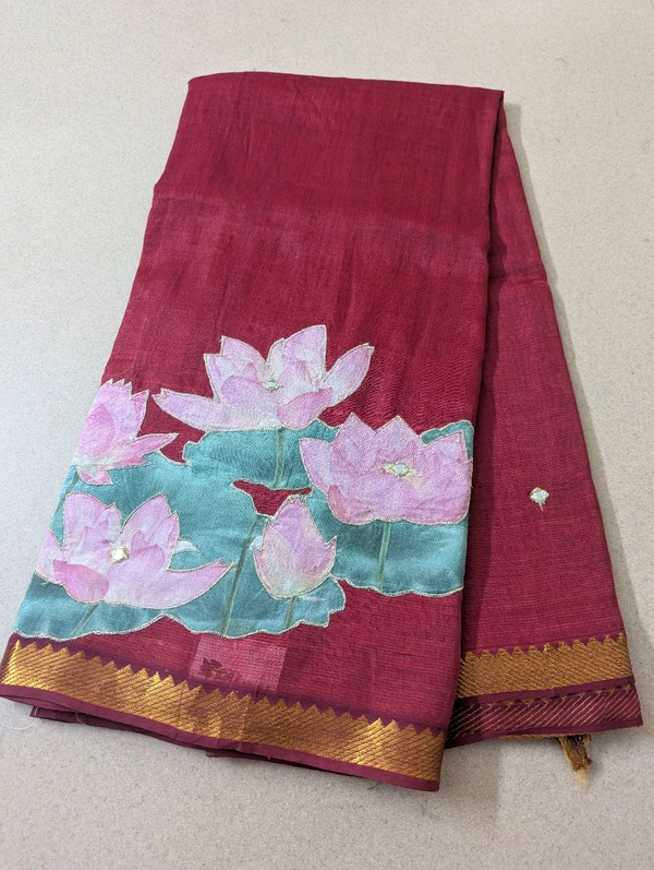 Pure Handloom Mangalagiri  Pattu Appliqve Work  - Pink Lace 1