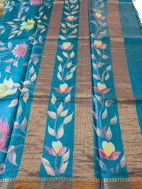 Pure Designer Handloom Tusser Hand Paint  - sky blue, VZ