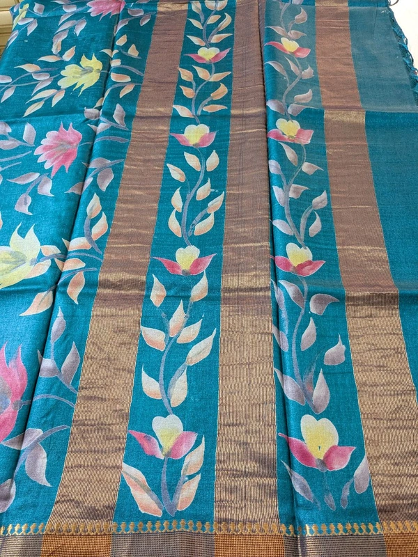 Pure Designer Handloom Tusser Hand Paint  - sky blue, VZ