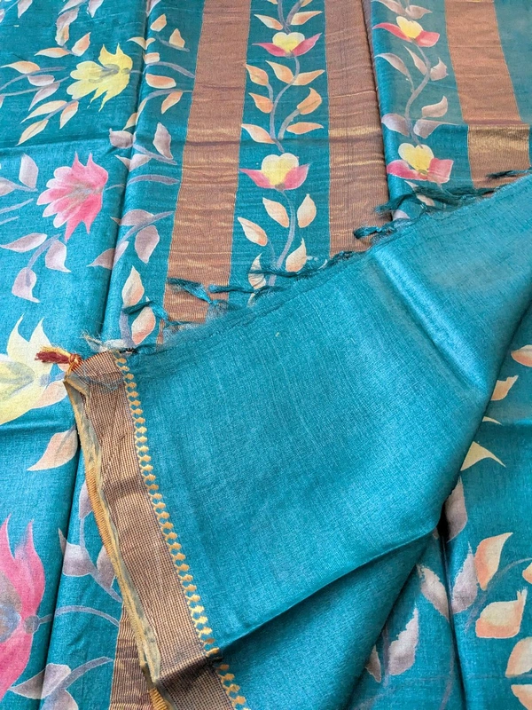 Pure Designer Handloom Tusser Hand Paint  - sky blue, VZ