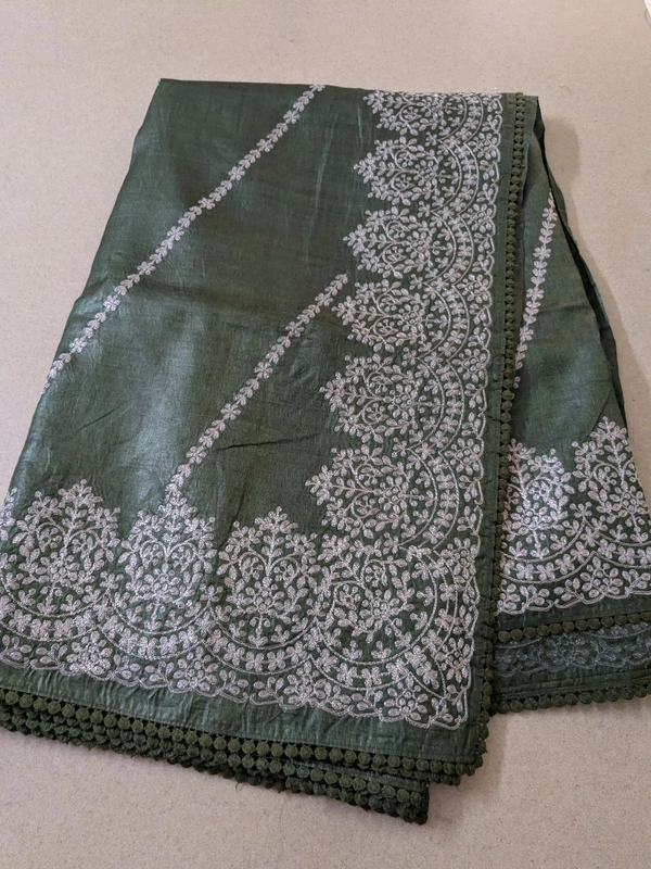 Pure Handloom Tusser Pita Work Designer  - green, VZ