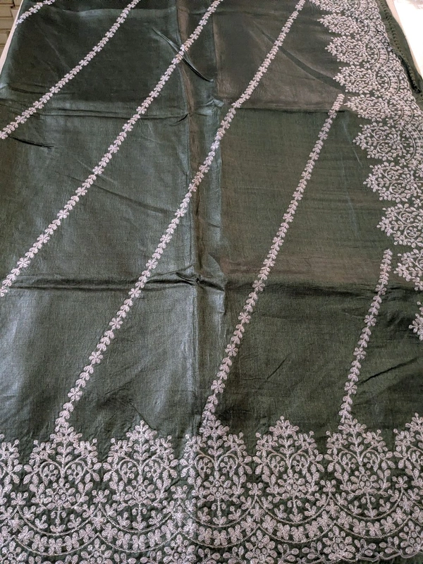 Pure Handloom Tusser Pita Work Designer  - green, VZ