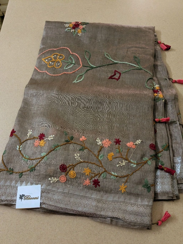 Pure Handloom Silk Lenin With Hand Work  - Tobacco Brown, VZ