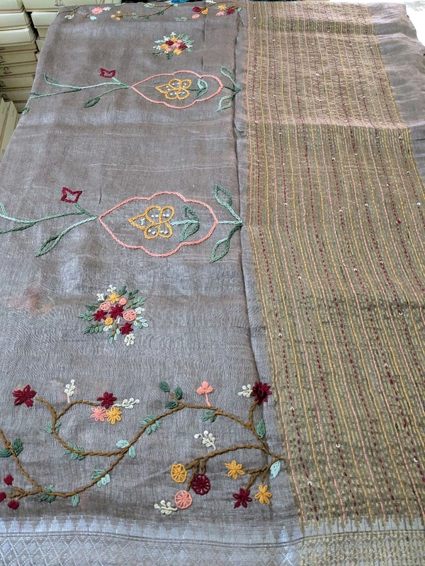 Pure Handloom Silk Lenin With Hand Work  - Tobacco Brown, VZ