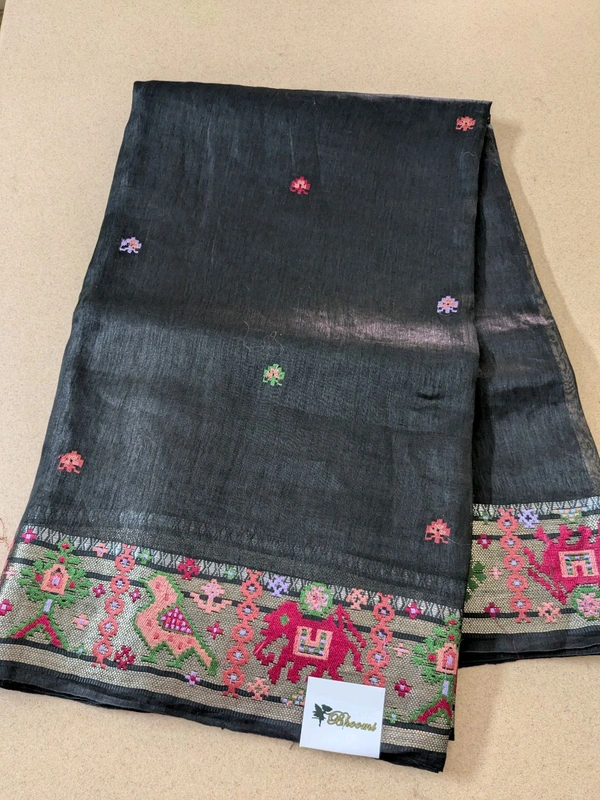 Designer Silk Lenin Paithani Inspired  - Black, VZ