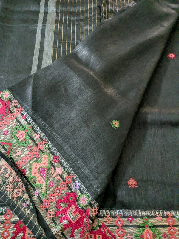 Designer Silk Lenin Paithani Inspired  - Black, VZ