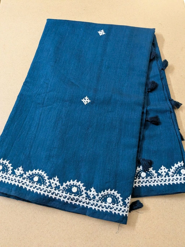 Designer Tusser With Hand Work  - Dark Blue, VZ