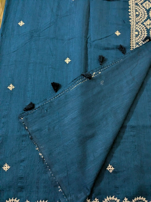 Designer Tusser With Hand Work  - Dark Blue, VZ