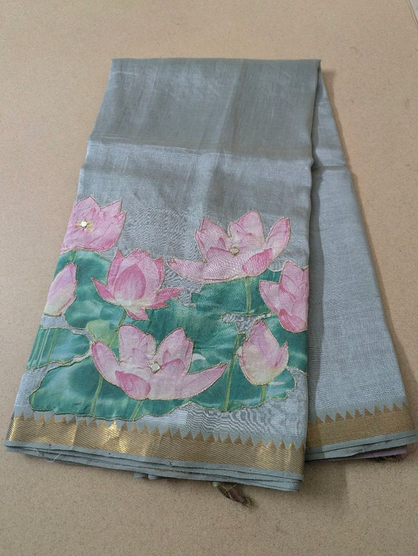 Pure Handloom Mangalagiri  Pattu Appliqve Work  - Pink Lace 2, VZ