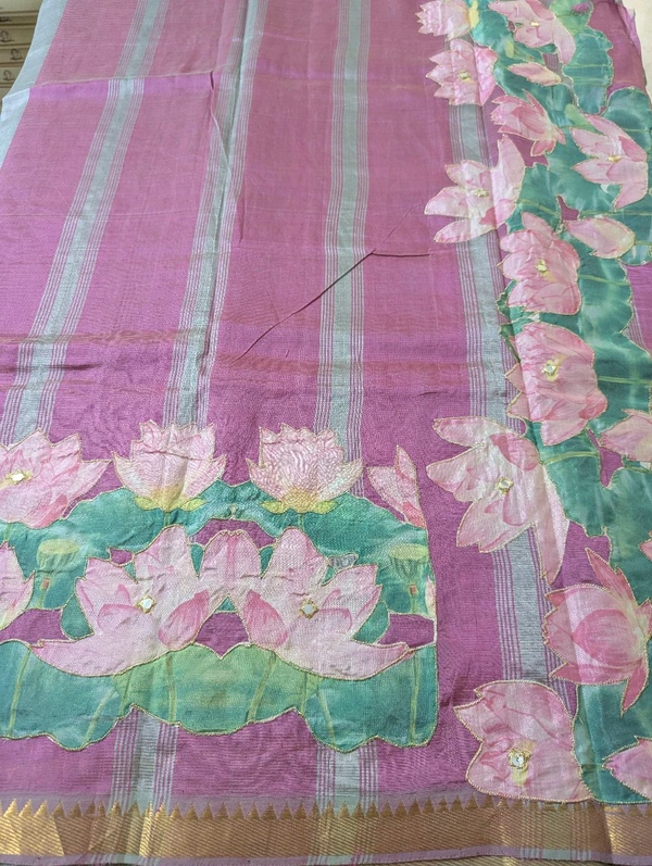 Pure Handloom Mangalagiri  Pattu Appliqve Work  - Pink Lace 2, VZ