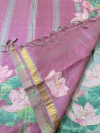 Pure Handloom Mangalagiri  Pattu Appliqve Work  - Pink Lace 2, VZ
