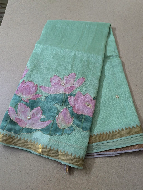Pure Handloom Mangalagiri  Pattu Appliqve Work  - Pink Lace 4, VZ