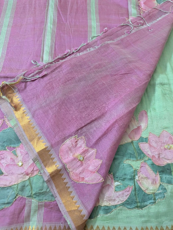 Pure Handloom Mangalagiri  Pattu Appliqve Work  - Pink Lace 4, VZ