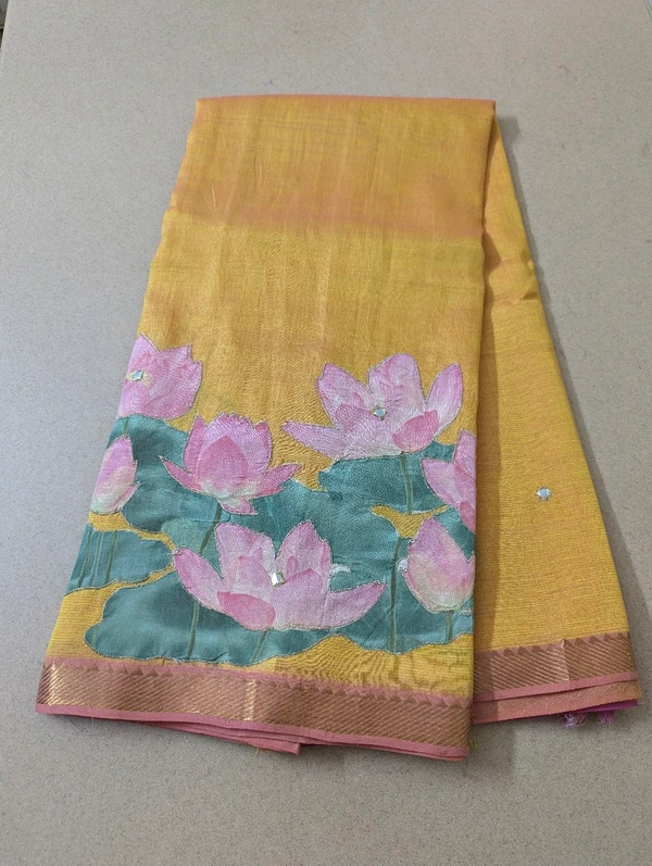 Pure Handloom Mangalagiri  Pattu Appliqve Work  - Pink Lace 6, VZ
