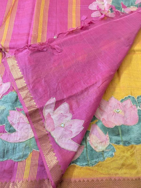 Pure Handloom Mangalagiri  Pattu Appliqve Work  - Pink Lace 6, VZ
