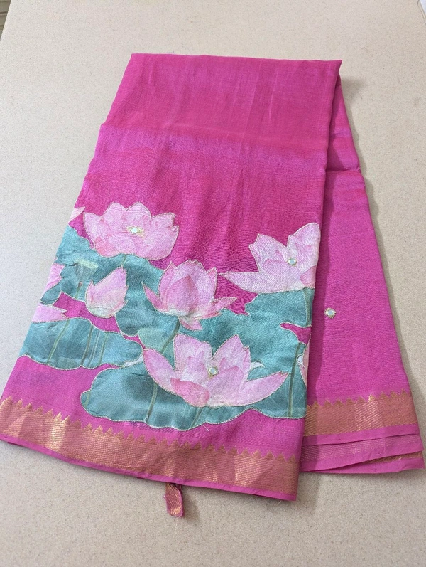 Pure Handloom Mangalagiri  Pattu Appliqve Work  - Pink Lace 8, VZ