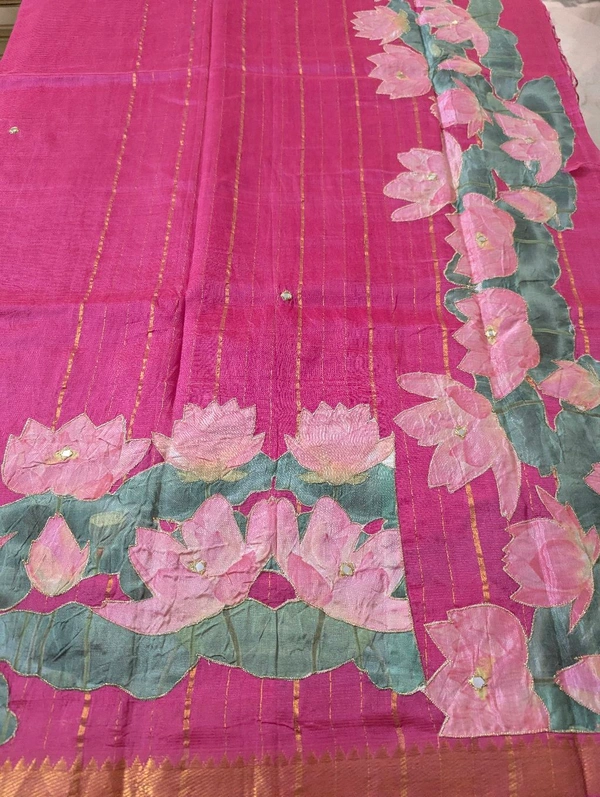 Pure Handloom Mangalagiri  Pattu Appliqve Work  - Pink Lace 8, VZ