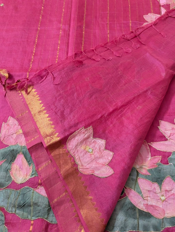 Pure Handloom Mangalagiri  Pattu Appliqve Work  - Pink Lace 8, VZ