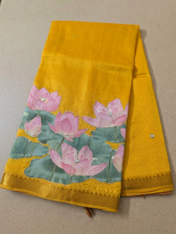 Pure Handloom Mangalagiri  Pattu Appliqve Work  - Pink Lace 9, VZ