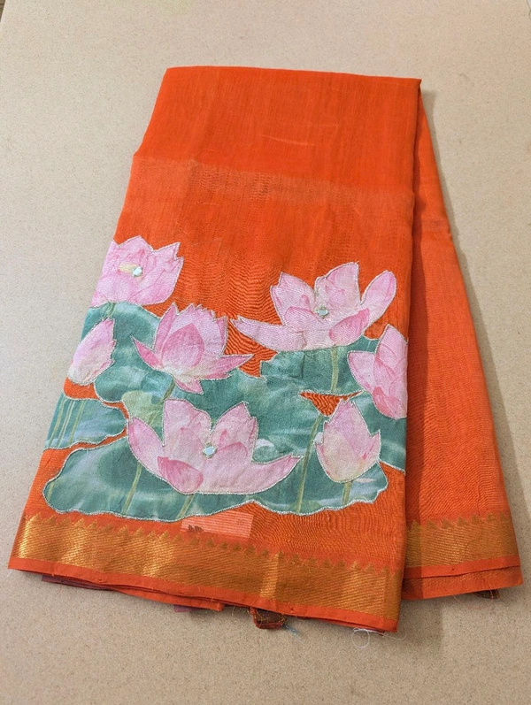 Pure Handloom Mangalagiri  Pattu Appliqve Work  - Pink Lace 10