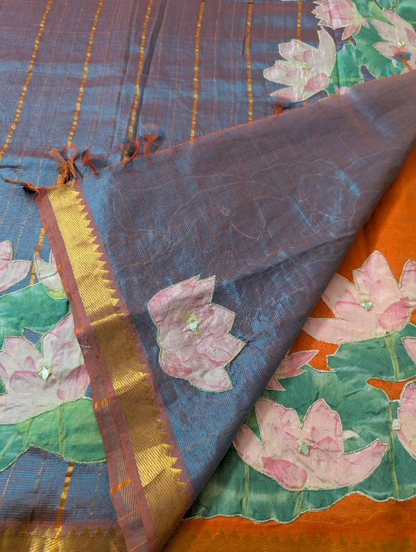 Pure Handloom Mangalagiri  Pattu Appliqve Work  - Pink Lace 10