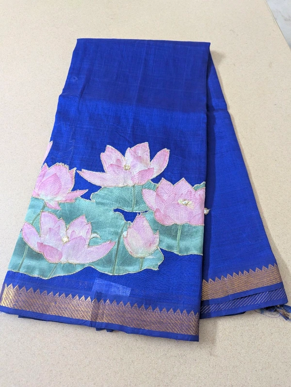 Pure Handloom Mangalagiri  Pattu Appliqve Work  - Pink Lace 11, VZ