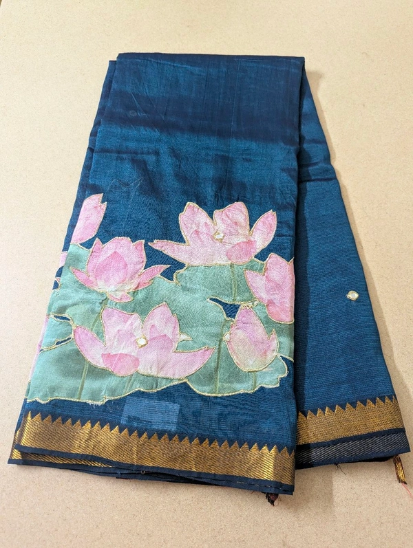 Pure Handloom Mangalagiri  Pattu Appliqve Work  - Pink Lace 13, VZ