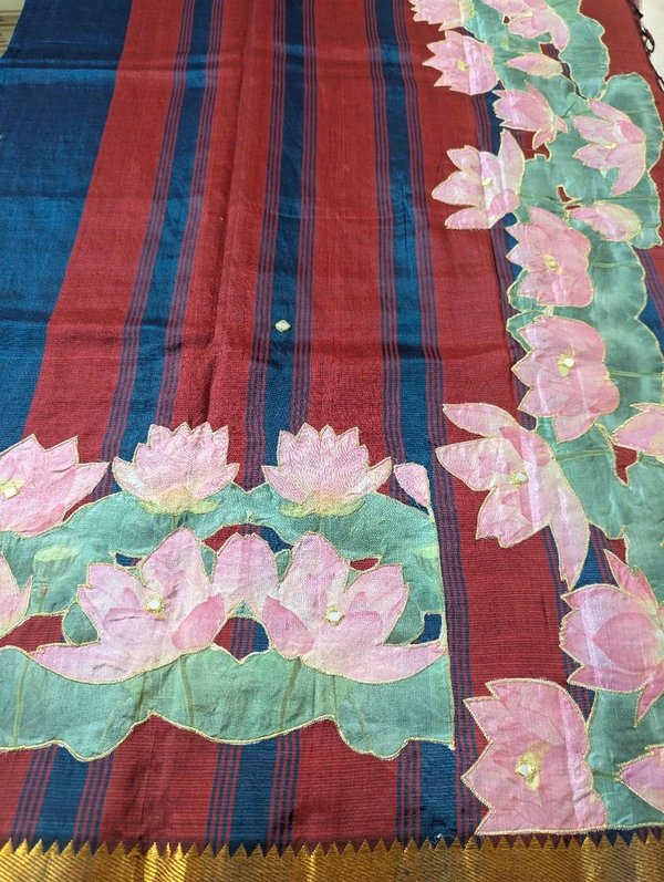 Pure Handloom Mangalagiri  Pattu Appliqve Work  - Pink Lace 13, VZ