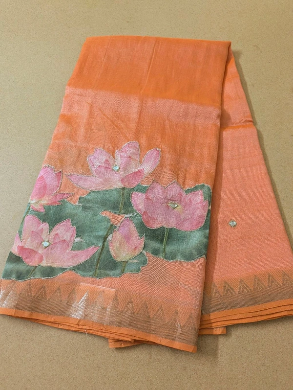Pure Handloom Mangalagiri  Pattu Appliqve Work  - Pink Lace 14