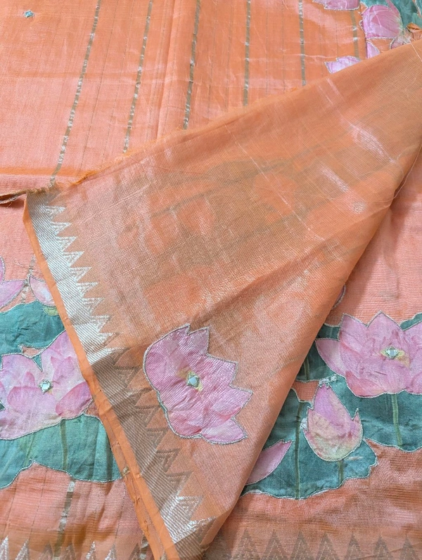 Pure Handloom Mangalagiri  Pattu Appliqve Work  - Pink Lace 14