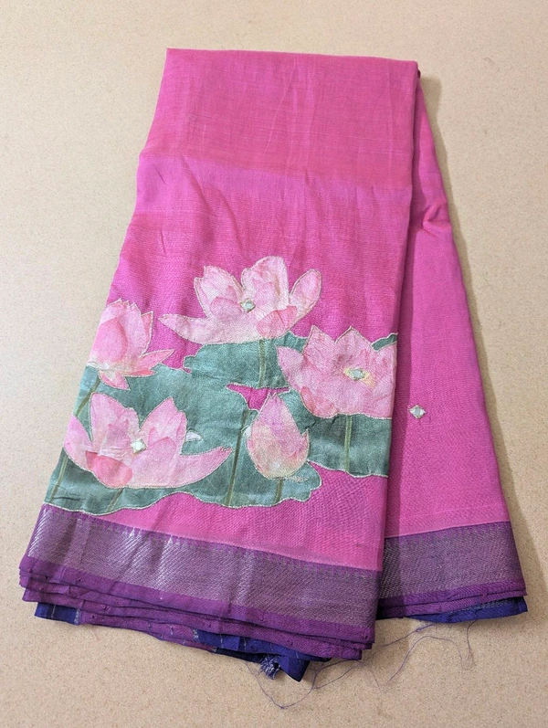 Pure Handloom Mangalagiri  Pattu Appliqve Work  - Pink Lace 15