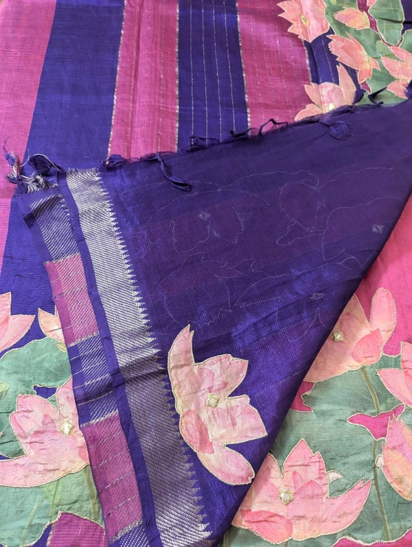 Pure Handloom Mangalagiri  Pattu Appliqve Work  - Pink Lace 15