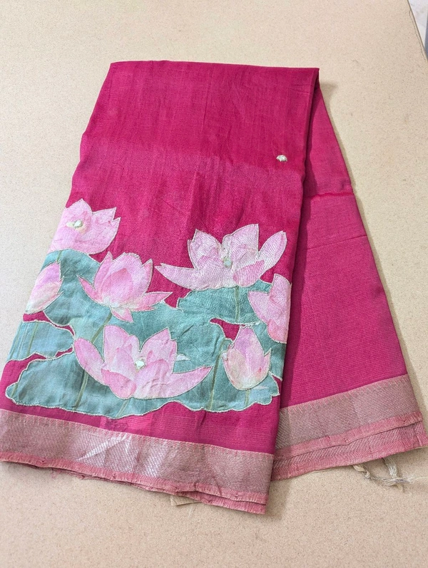 Pure Handloom Mangalagiri  Pattu Appliqve Work  - Pink Lace 16, VZ