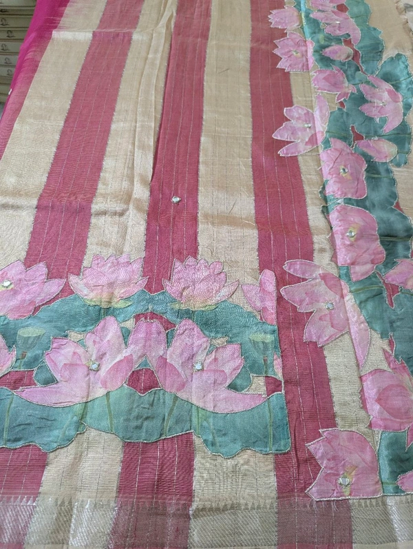 Pure Handloom Mangalagiri  Pattu Appliqve Work  - Pink Lace 16, VZ