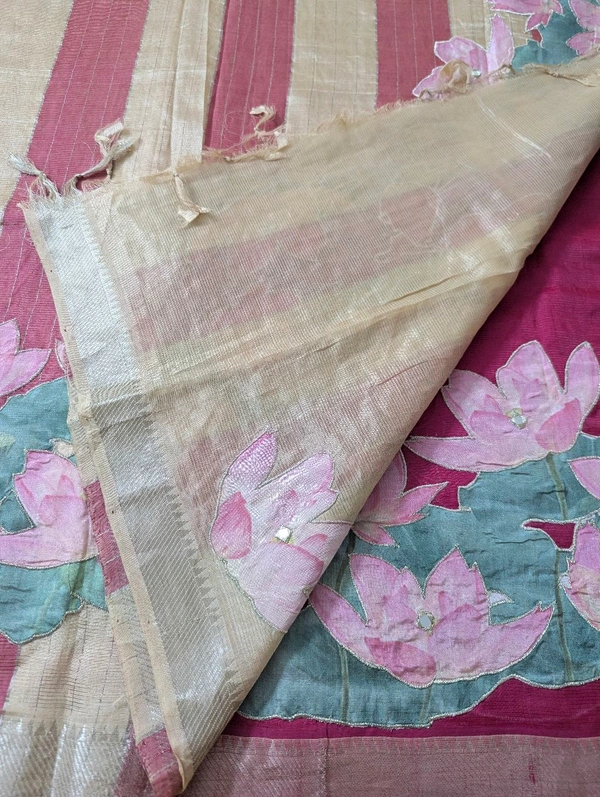 Pure Handloom Mangalagiri  Pattu Appliqve Work  - Pink Lace 16, VZ