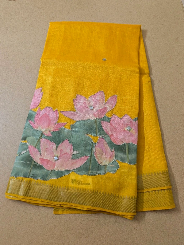 Pure Handloom Mangalagiri  Pattu Appliqve Work  - Pink Lace 18, VZ