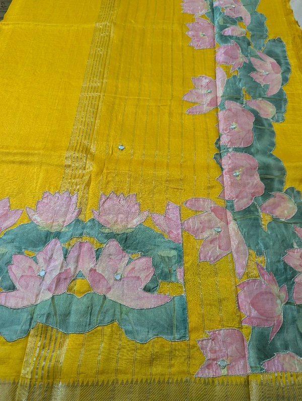 Pure Handloom Mangalagiri  Pattu Appliqve Work  - Pink Lace 18, VZ