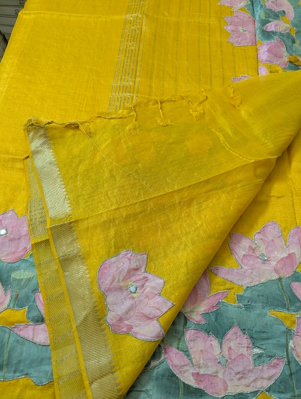 Pure Handloom Mangalagiri  Pattu Appliqve Work  - Pink Lace 18, VZ