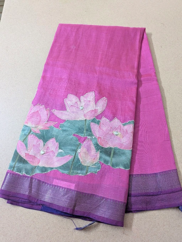 Pure Handloom Mangalagiri  Pattu Appliqve Work  - Pink Lace 19, VZ