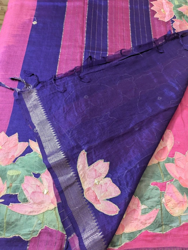 Pure Handloom Mangalagiri  Pattu Appliqve Work  - Pink Lace 19, VZ