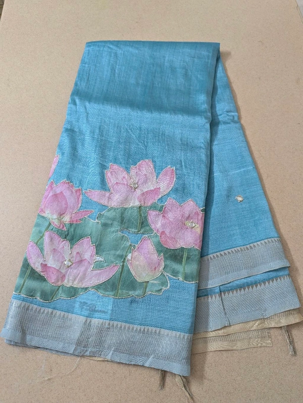 Pure Handloom Mangalagiri  Pattu Appliqve Work  - Pink Lace 20, VZ