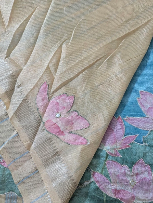 Pure Handloom Mangalagiri  Pattu Appliqve Work  - Pink Lace 20, VZ