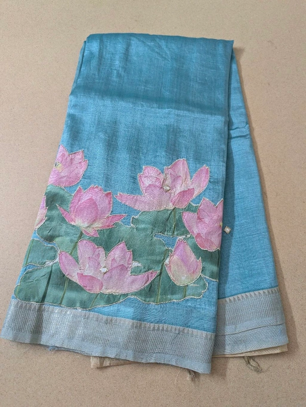 Pure Handloom Mangalagiri  Pattu Appliqve Work  - Pink Lace 21, VZ